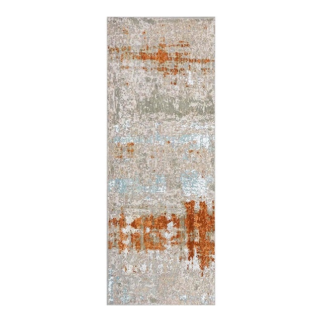 21st Century Indian Modern Wool & Silk 3x9 Grey, Rust, & Slate Runner Rug #1144152 For Sale