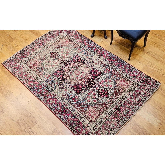 19th Century Persian Kerman Lavar Rug, Hand-Knotted Wool, Floral Patter, Red & Ivory, 5x7 For Sale - Image 4 of 18