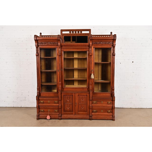 Herter Brothers Style Antique Eastlake Victorian Carved Walnut Triple Bookcase Cabinet, Circa 1880s For Sale - Image 12 of 12