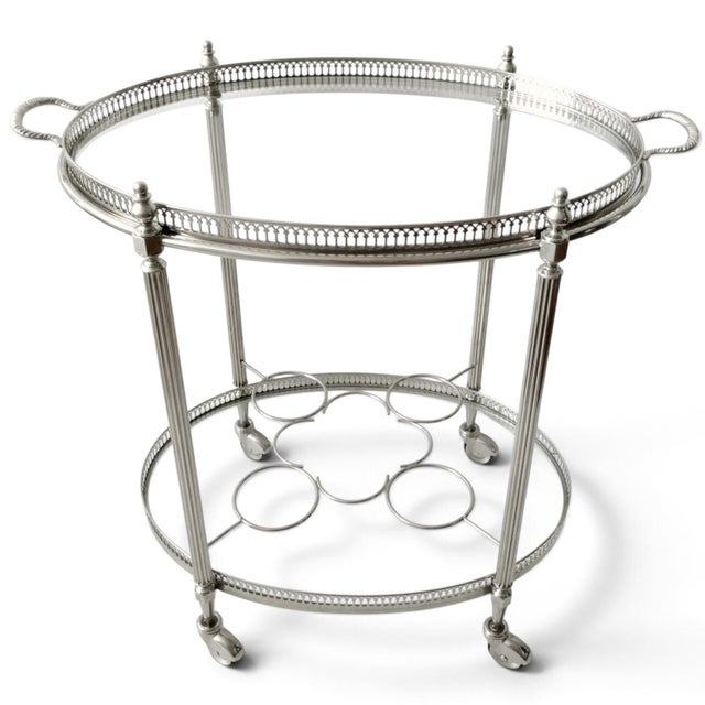 Mid-Century Modern Vintage French Neoclassical Chrome Plated and Brass Drinks Trolley with Serving Tray, 1950s For Sale - Image 3 of 18