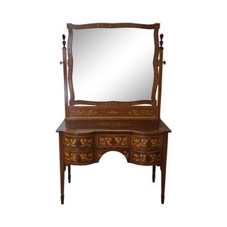 Antique Mahogany Marquetry Inlaid Vanity W/ Mirror For Sale