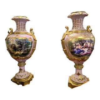 French Porcelain Vase With Hand-Painted Landscape, Bronze Handles & Gold Leaf Details For Sale