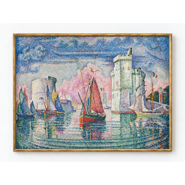 This vintage French coastal art print features colorful sailboats and historic harbor towers, reproduced from Paul...