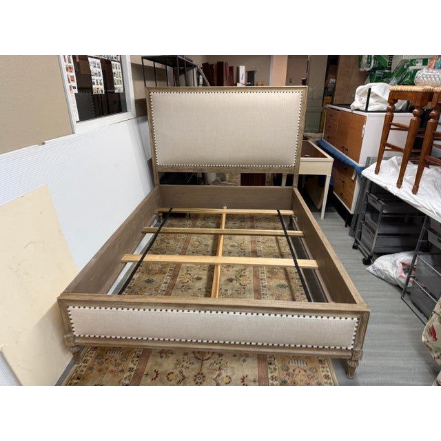 2010s Queen Size Restoration Hardware Maison Fabric Panel Bed Frame, Antique Oak Finish For Sale - Image 5 of 12