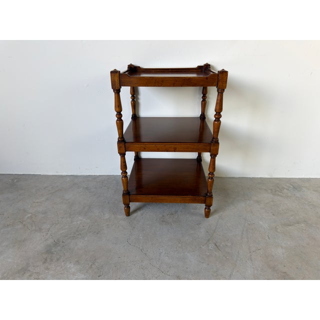 Vintage English Three Tier Side Table With Gallery Top For Sale - Image 4 of 13