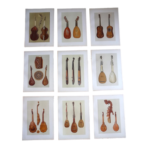 Antique 19th C. Ltd. Ed. Lithographs of Important Antique Musical Instruments - Set of 9