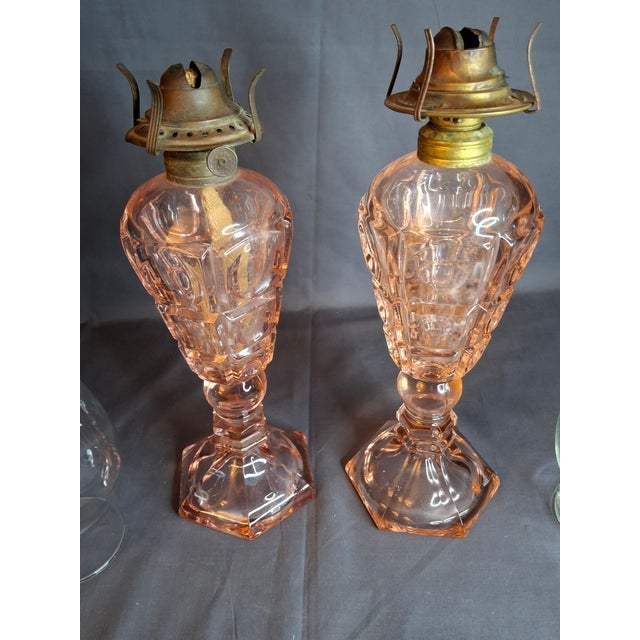1940s Vintage Pink Pressed Glass Kerosene Table Lamps - Matching Pair With Chimneys For Sale - Image 5 of 13