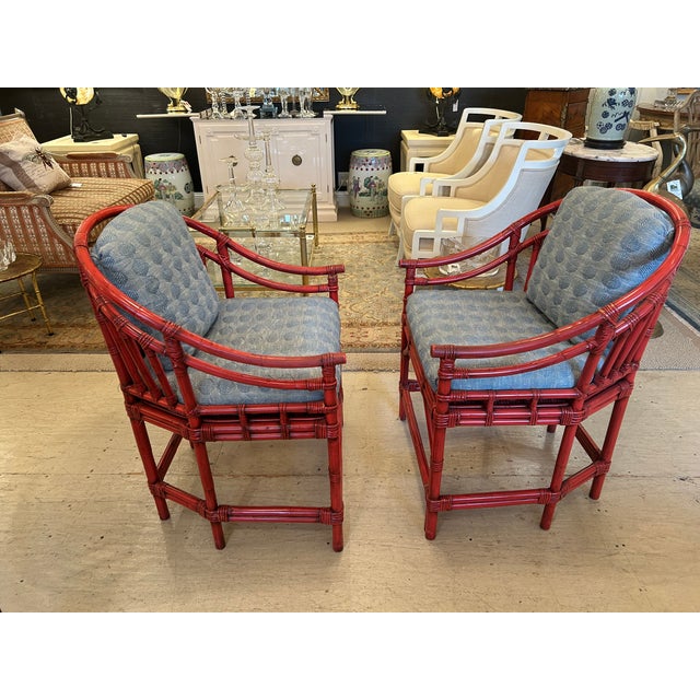 Red Coral Bamboo & Rattan Club Chairs With Custom Cushions -a Pair For Sale - Image 10 of 11