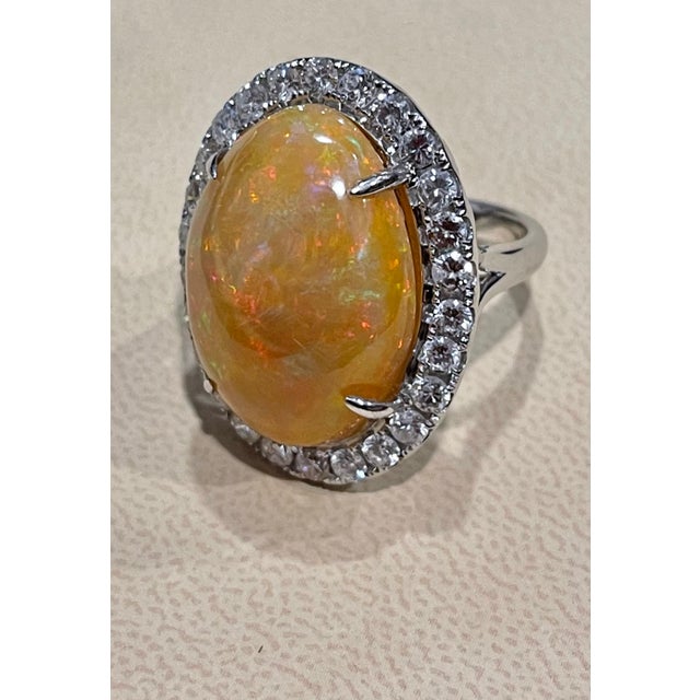 Oval Opal and Diamond Cocktail Ring 18 Karat White Gold, Estate Size 7 For Sale - Image 14 of 18