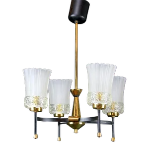 Jacques Adnet, Brass and Glass Four Light Chandelier, Mid-Century France