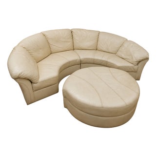 Corner Sofa in Cream Leather with Ottoman, 1970s For Sale