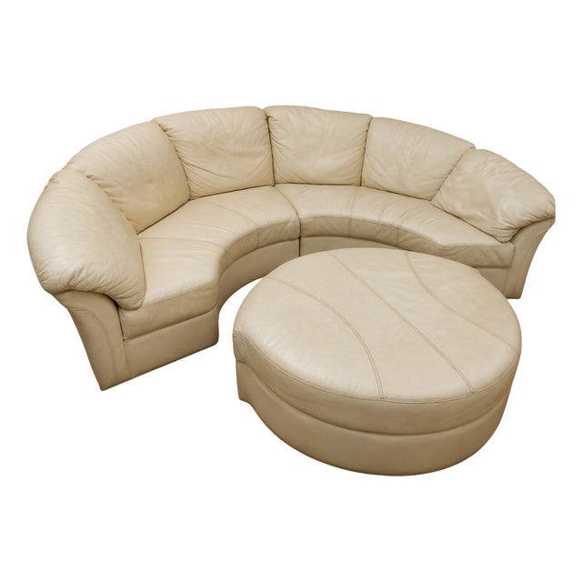 Corner Sofa in Cream Leather with Ottoman, 1970s For Sale