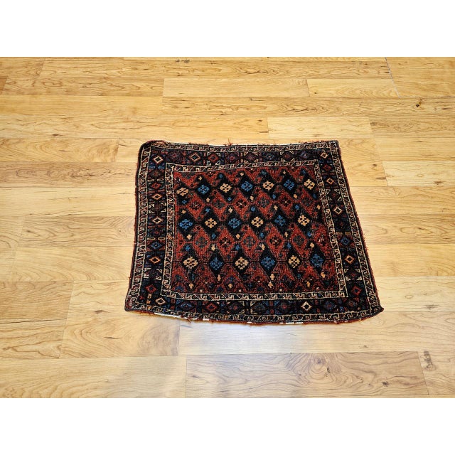 Persian Vintage Persian Kurdish Saddlebag Bagface Tribal Rug, Hand-Knotted Wool, Geometric Pattern, Burgundy & Navy, 2x2 For Sale - Image 3 of 10