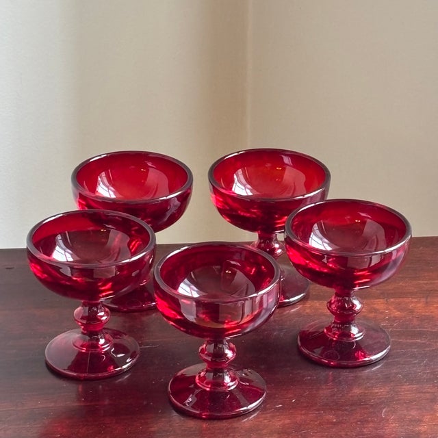 Glass 1960s Ruby Red Coupe Glasses - Set of 5 For Sale - Image 7 of 11