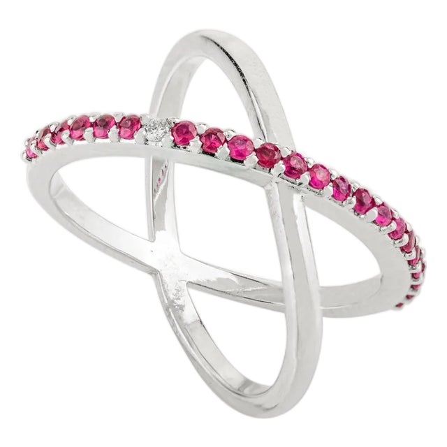 14k White Gold Unique Criss Cross Ruby Ring With Diamond Size 5.5 For Sale