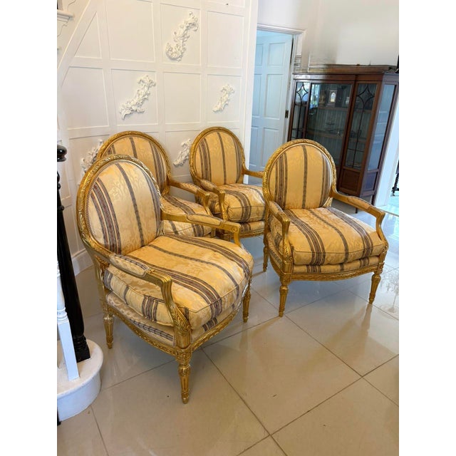 Antique Louis XVI French Giltwood Bergère Armchairs, 1920, Set of 4 For Sale - Image 3 of 17