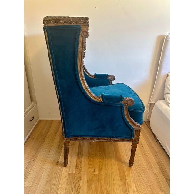 STUNNING AND MINT CONDITION!! Louis XVI French Revival Vintage Carved Wood Chair upholstered in a rich deep teal/peacock...