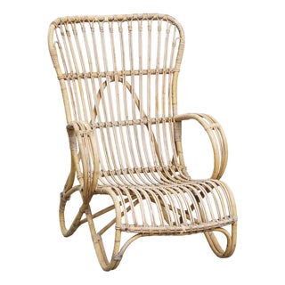 Dutch Rattan Armchair with High Back, 1950s For Sale