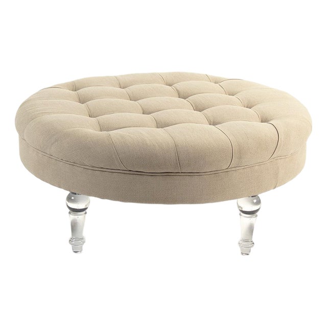 Adalene Tan Linen Tufted Round Ottoman with Acyrlic Legs For Sale