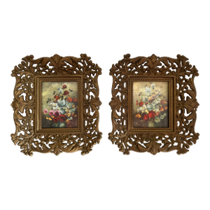 Framed Miniature Italian Floral Prints a Pair