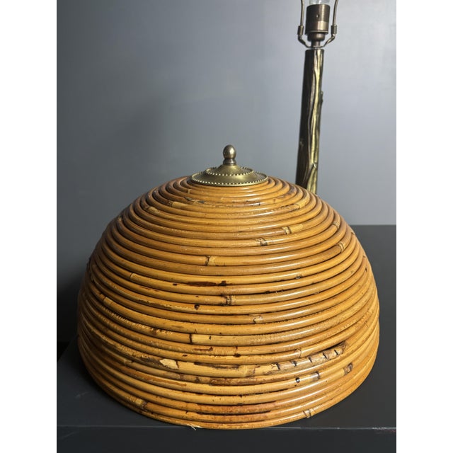 Mid-Century Pencil Reed Rattan Bamboo and Brass Table Lamp, 1970s For Sale - Image 13 of 17