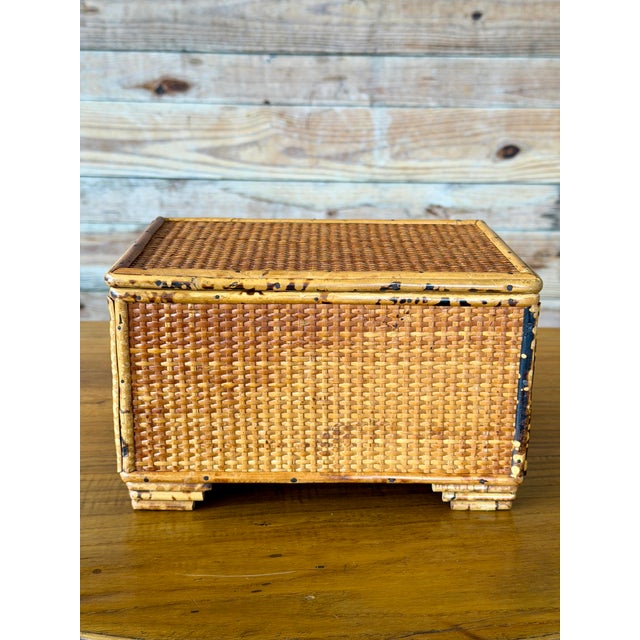 Vintage Tortoiseshell Bamboo & Woven Rattan Lidded Storage Box For Sale - Image 4 of 12