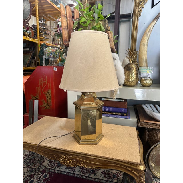 Up for sale is a beautiful vintage brass geometric lamp with a matching lampshade. This would look lovely in your home,...