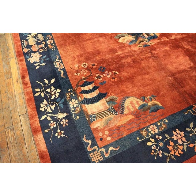 Art Deco 1920s Coral Red Floral Modern Antique Chinese Art Deco Rug 8' X 9'6" Handknotted Wool Carpet For Sale - Image 3 of 6