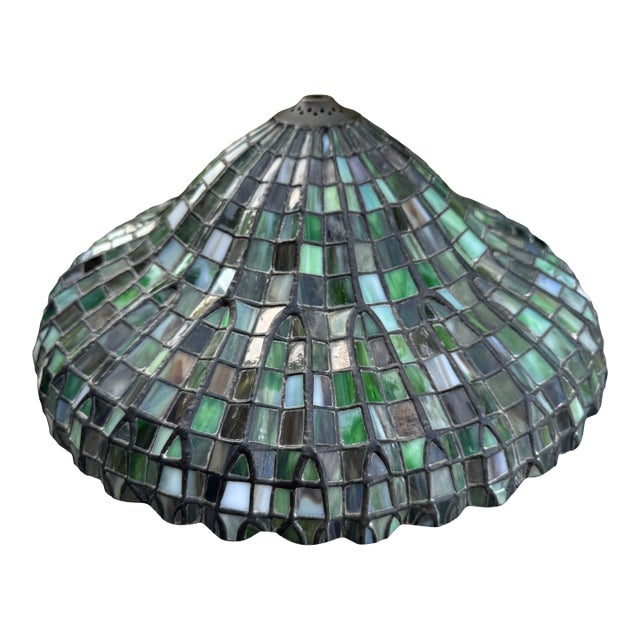 Mid-20th Century 20'' Tiffany-Style Leaded Green Slag Glass Lotus Leaf Lamp Shade For Sale