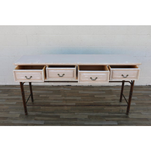 1970s Hollywood Regency Faux Bamboo Metal & Wood Four-Drawer Console Table For Sale - Image 12 of 18