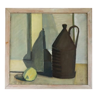 1957 Mid-Century Modern 'Jug & Lemon' Vintage Original Still Life Oil Painting, Framed For Sale