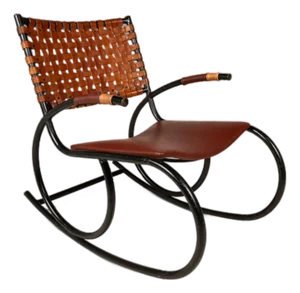 Mid-Century Italian Modern Brutalist Industrial Tubular Rocking Chair in Leather & Metal in the Manner of Thonet, Usa, C. 1960s