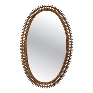 Large Italian Rattan Wall Mirror, 1960s For Sale