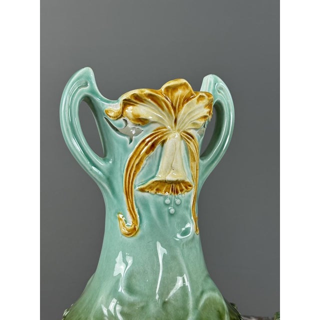 20th Century Art Nouveau Glazed Ceramic Vases with Floral Decoration, Set of 2 For Sale - Image 3 of 10