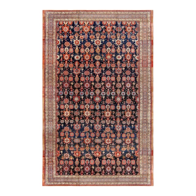 1920s Antique Sultanabad Wool Area Rug, 12' 7" X 21'10", Navy For Sale