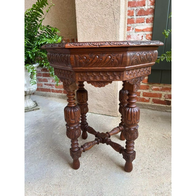 French Country Petite Antique French Octagon Center Side Table Renaissance Carved Oak For Sale - Image 3 of 12