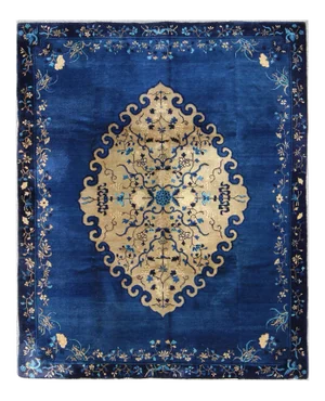 Antique Chinese Peking Rug in Royal Blue and Golden Camel Medallion