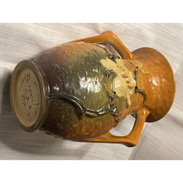 Sculpture Materials Vintage Roseville Double Handle Vase 3d Magnolia Brown White Green Pink #90-7" For Sale - Image 7 of 10
