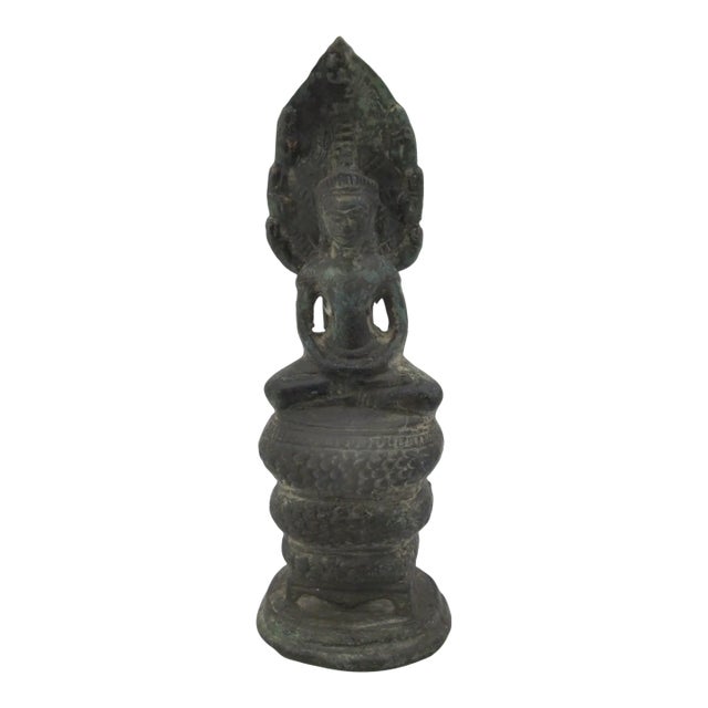Antique Khmer Bayon Style Bronze Buddha With Naga Buddhist Figurine Statue For Sale