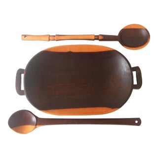 1970s Carved Exotic Wood Serving Dish With 2 Spoons Salad Bowl For Sale
