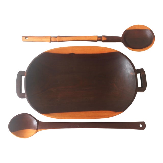 1970s Carved Exotic Wood Serving Dish With 2 Spoons Salad Bowl For Sale
