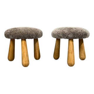 Danish Modern Style, Gray Sheepskin, Maple, Shearling Footstools, 21st C. For Sale