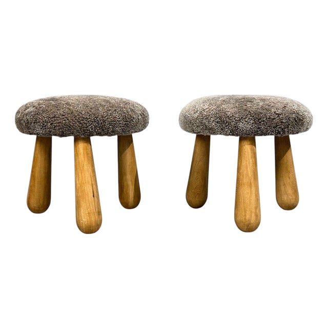 Danish Modern Style, Gray Sheepskin, Maple, Shearling Footstools, 21st C. For Sale