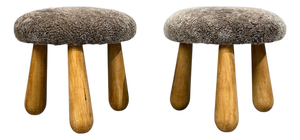 Danish Modern Style, Gray Sheepskin, Maple, Shearling Footstools, 21st C.