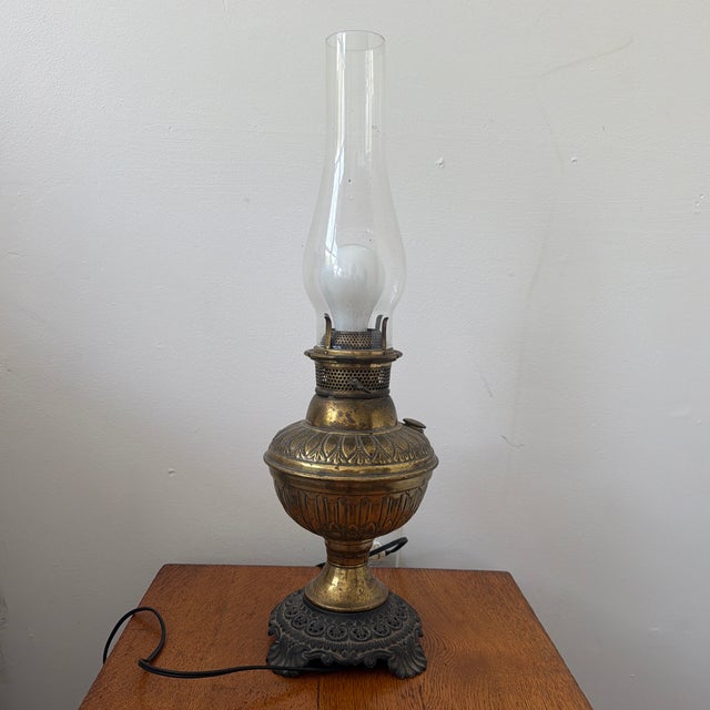 19th-Century Embossed Brass Parlor Lamp on Ornate Cast Iron Base - Electrified For Sale - Image 4 of 9