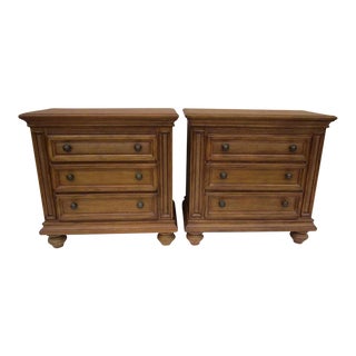 1980s Broyhill Medium Tone Wood Three Drawer Nightstand - Set of 2 For Sale