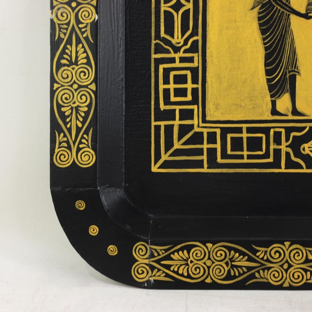 Vintage Hand Painted Egyptian Revival Tole Tray Black and Gold Pharaoh Motif Rectangular Serving Tray For Sale - Image 10 of 12