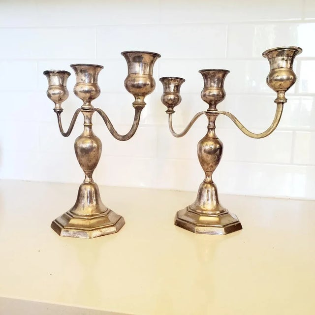 Silver Mid 20th Century Silverplated Candelabras Pair For Sale - Image 8 of 8