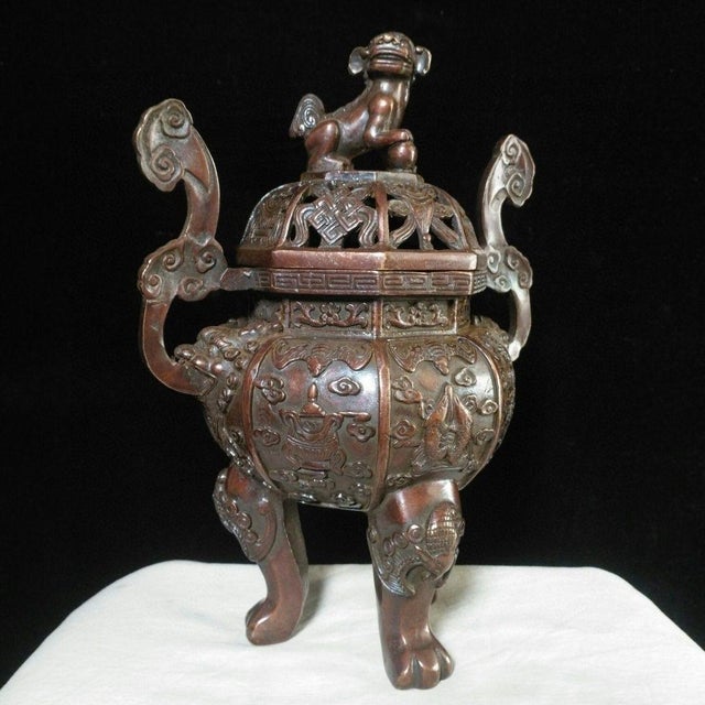 Asian Vintage Bronze Incense Burner – 9.8" Gilt Censer With Lion Finial & Octagonal Lid For Sale - Image 3 of 9