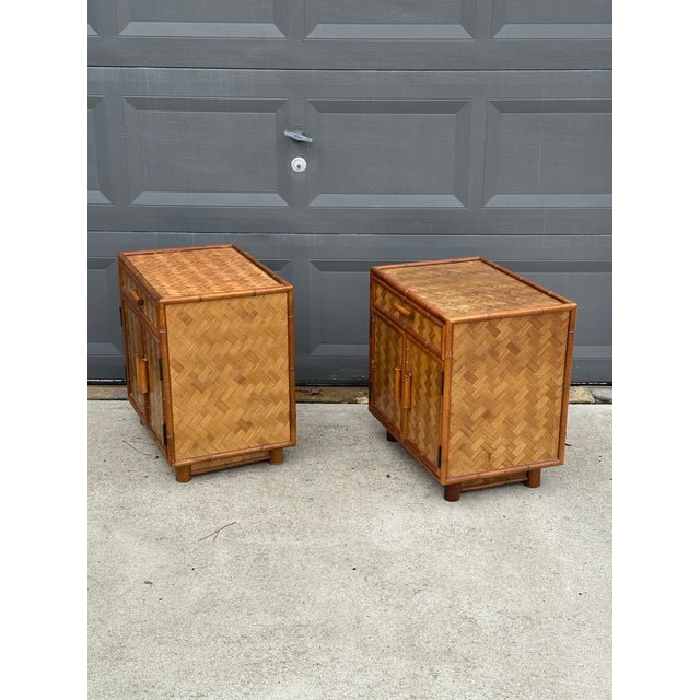 Baker Furniture Company 1980s Faux Bamboo and Herringbone Cane Nightstands - A Pair For Sale - Image 4 of 12